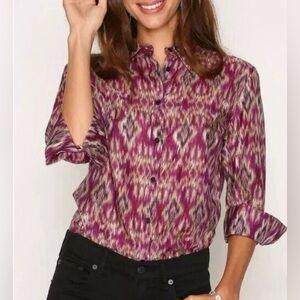 Cotton/Silk Ikat Ralph Lauren 3/4 Sleeve Button-Down Blouse Purple/Ecru 1X